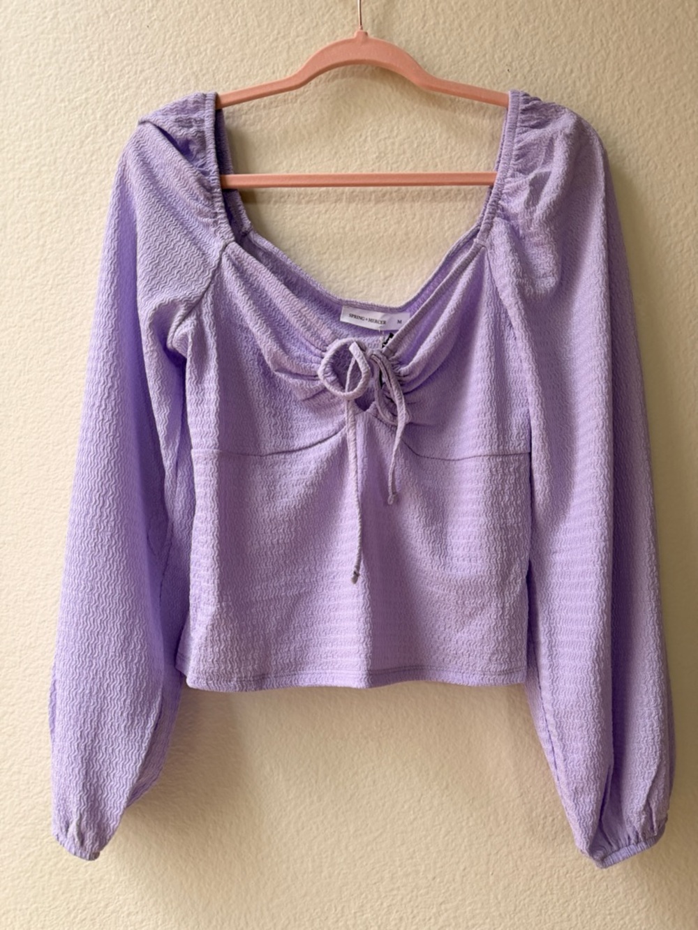 Spring +‎ Mercer Lavender Textured Crop Top Puff Sleeve Tie Front Balletcore Y2K